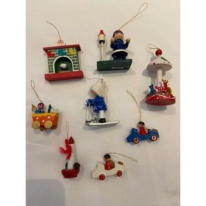 Vintage WOODEN CHRISTMAS ORNAMENTS 8 Ornaments Skier Fireplace Cars Carousel
